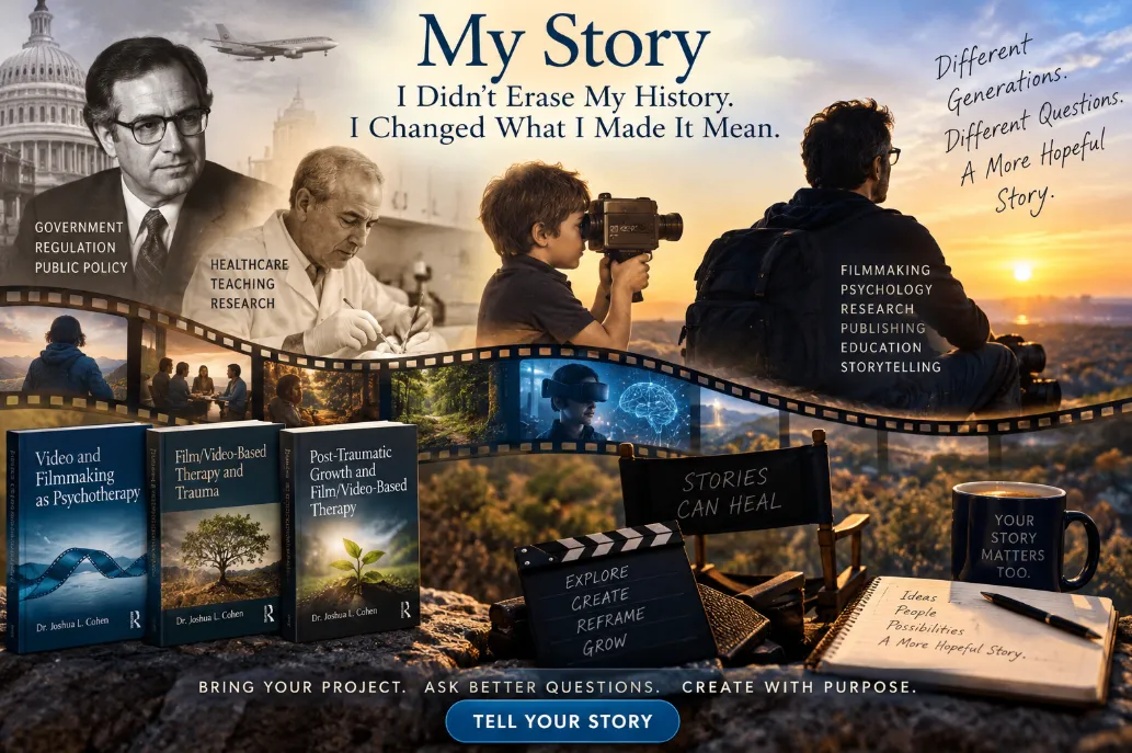 Collage representing Joshua Cohen's family history, filmmaking, research, books, and storytelling